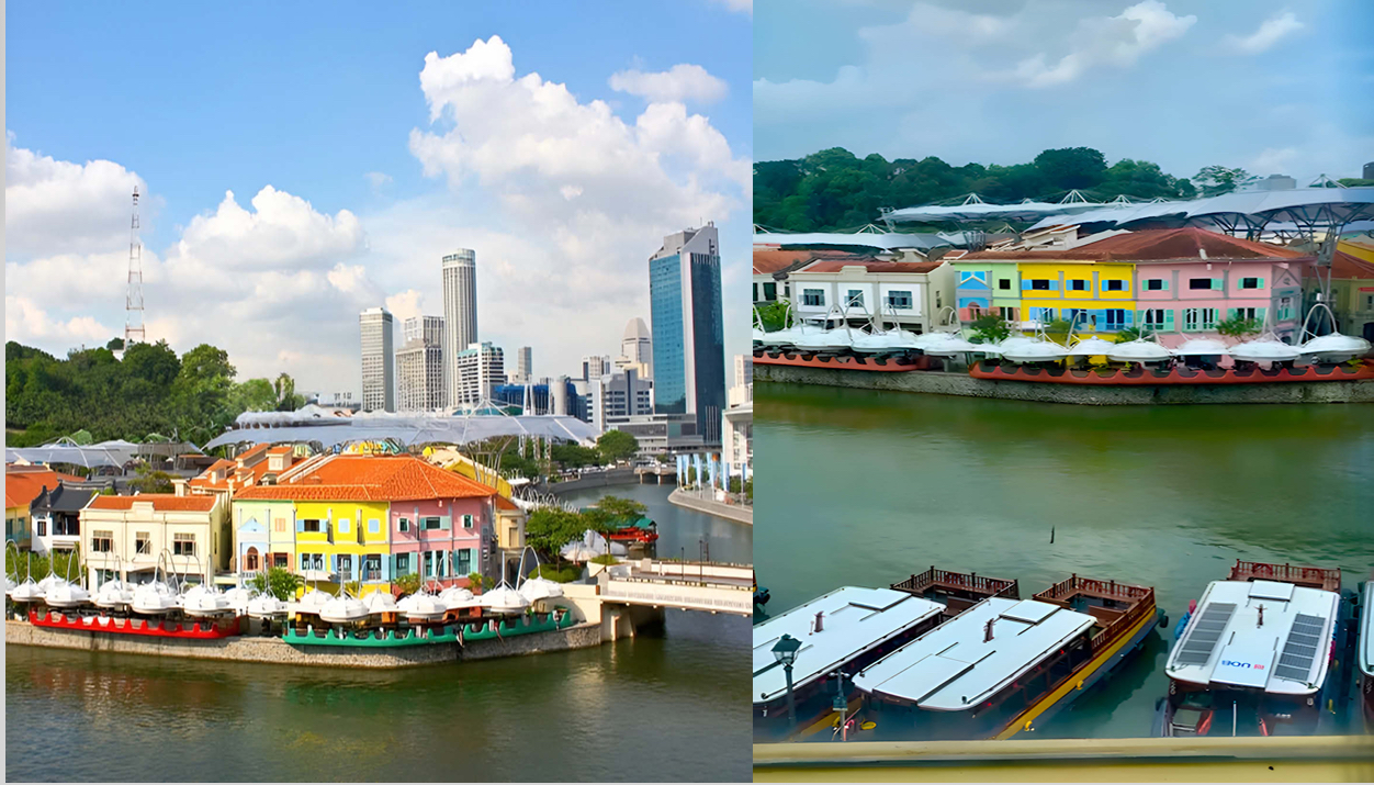 Two views of the Singapore riverfront with shophouses and boats