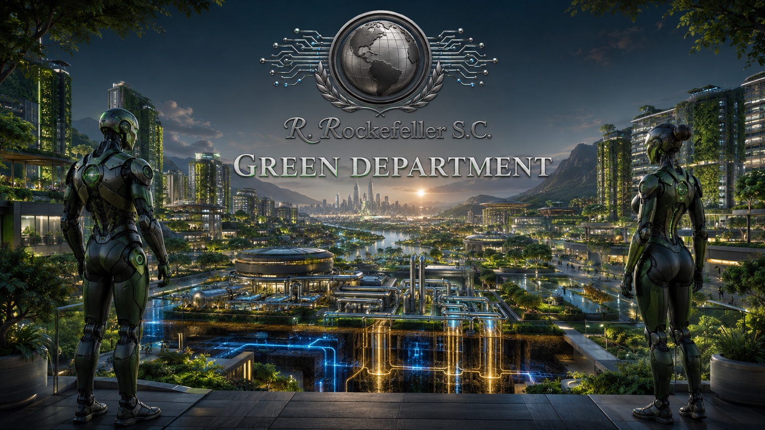 R. Rockefeller S.C. Green Department overlooking a futuristic geothermal city