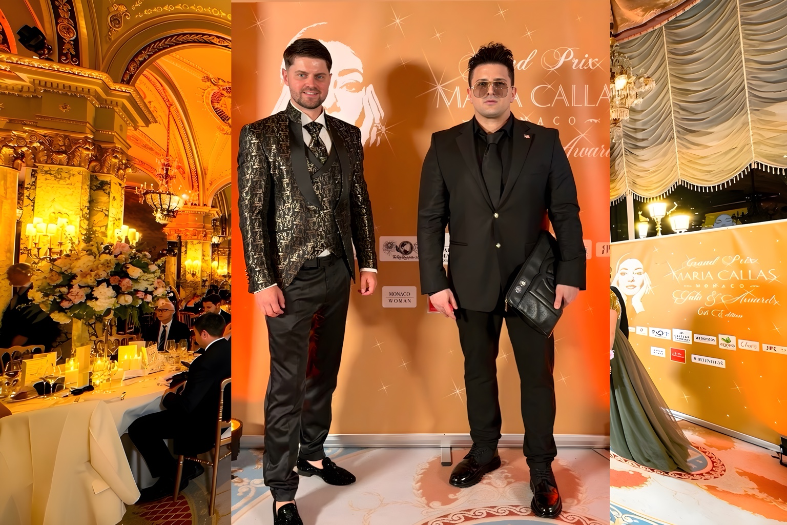 Guests at the Maria Callas Monaco photocall, with the sponsor backdrop and Salle Empire setting