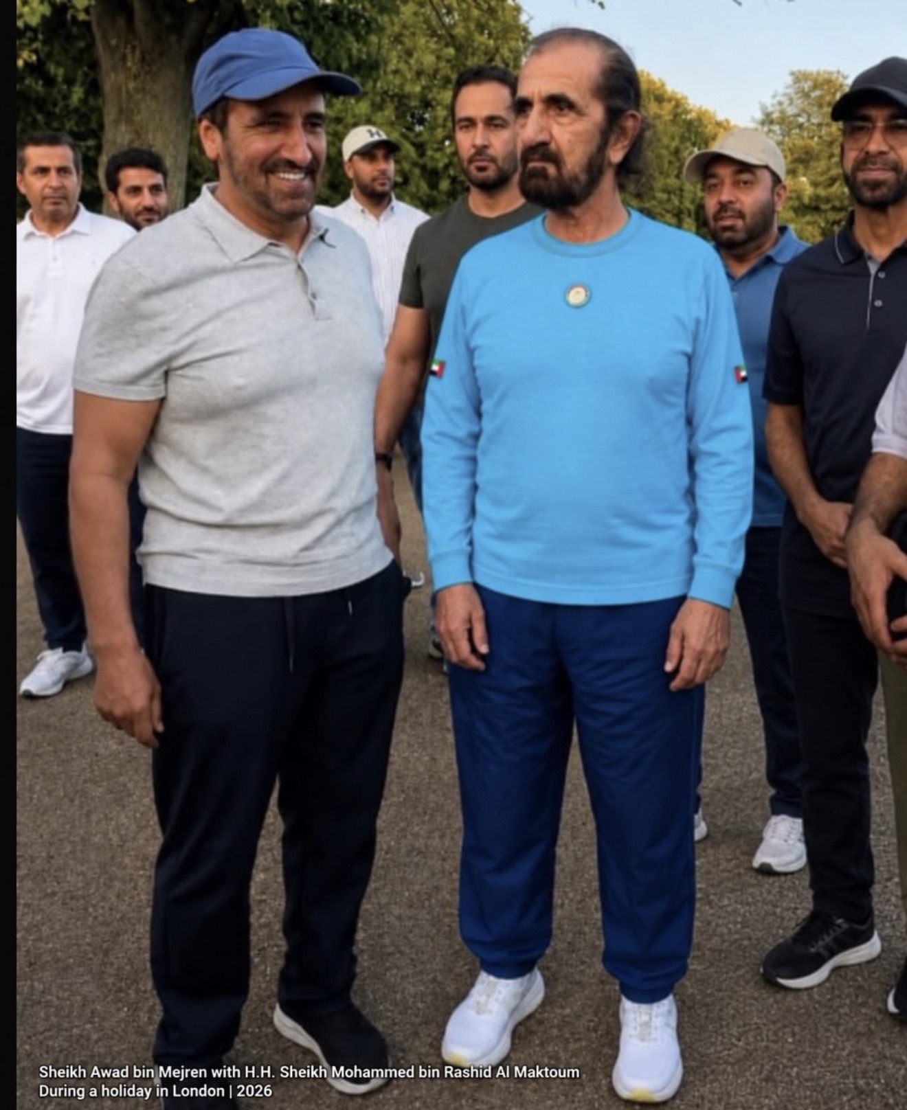 Sheikh Awad bin Mejren with H.H. Sheikh Mohammed bin Rashid Al Maktoum during a holiday in London in 2026, as captioned in the supplied photograph.