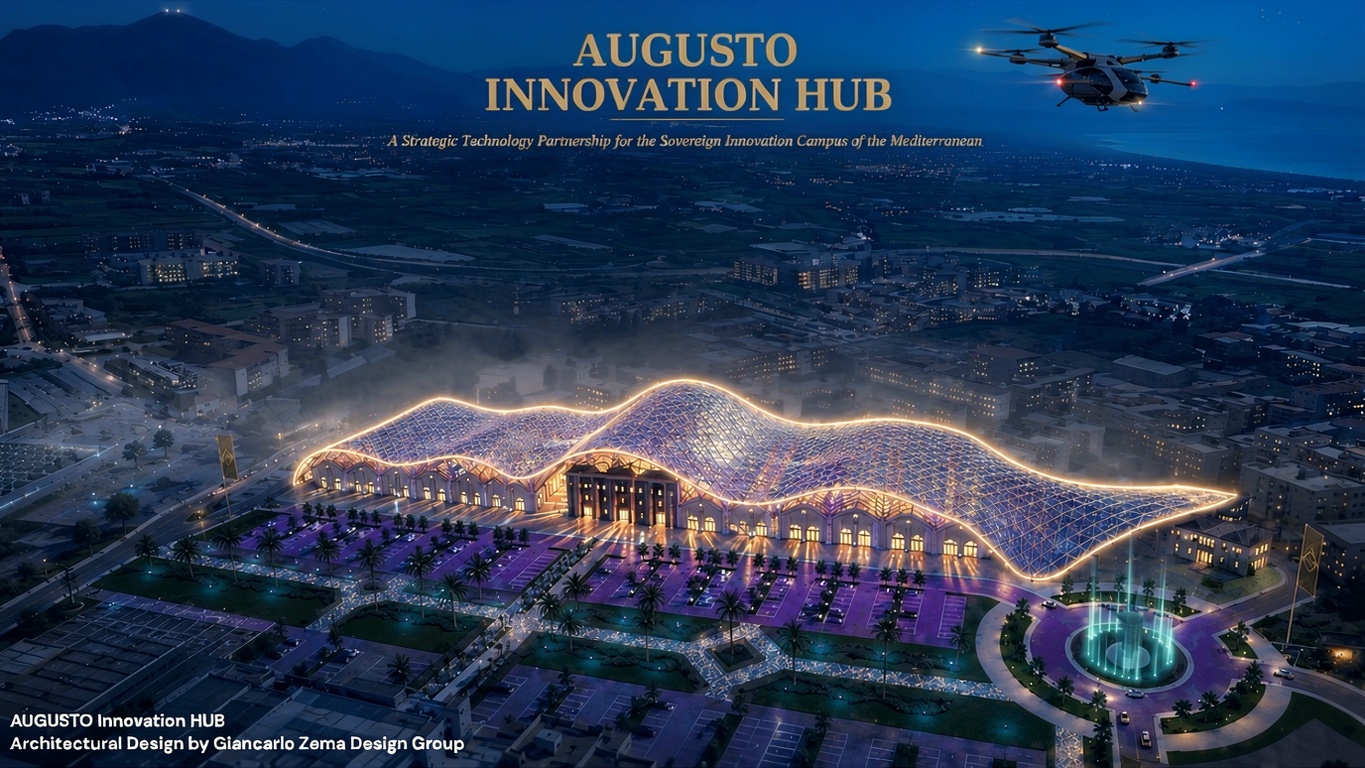 Augusto Innovation Hub campus at night, architectural design by Giancarlo Zema Design Group