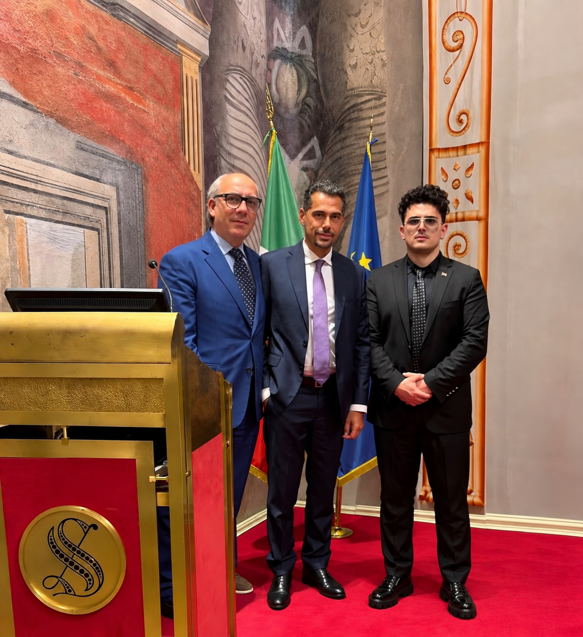 From left: Fabrizio Crimi, Giancarlo Zema and Valentino Loforese at the Augusto Innovation Hub presentation in Sala Zuccari, Italian Senate, Rome, 15 September 2026