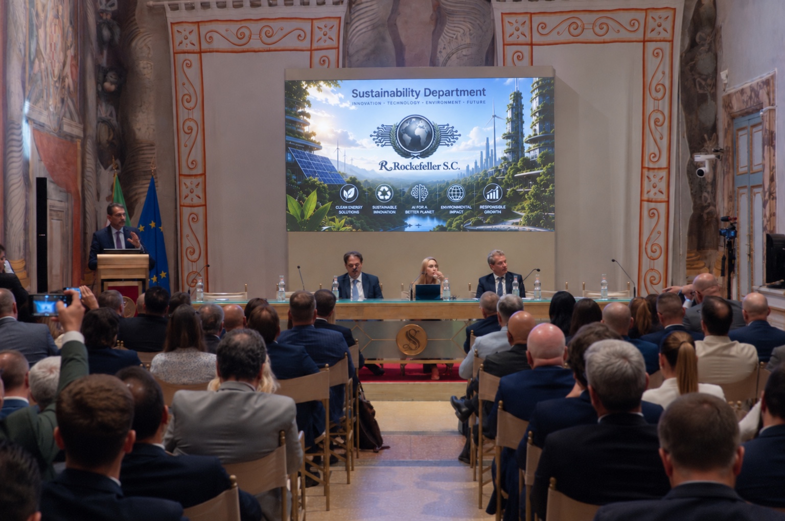 RRSC Sustainability Department presentation displayed above the panel in Sala Zuccari