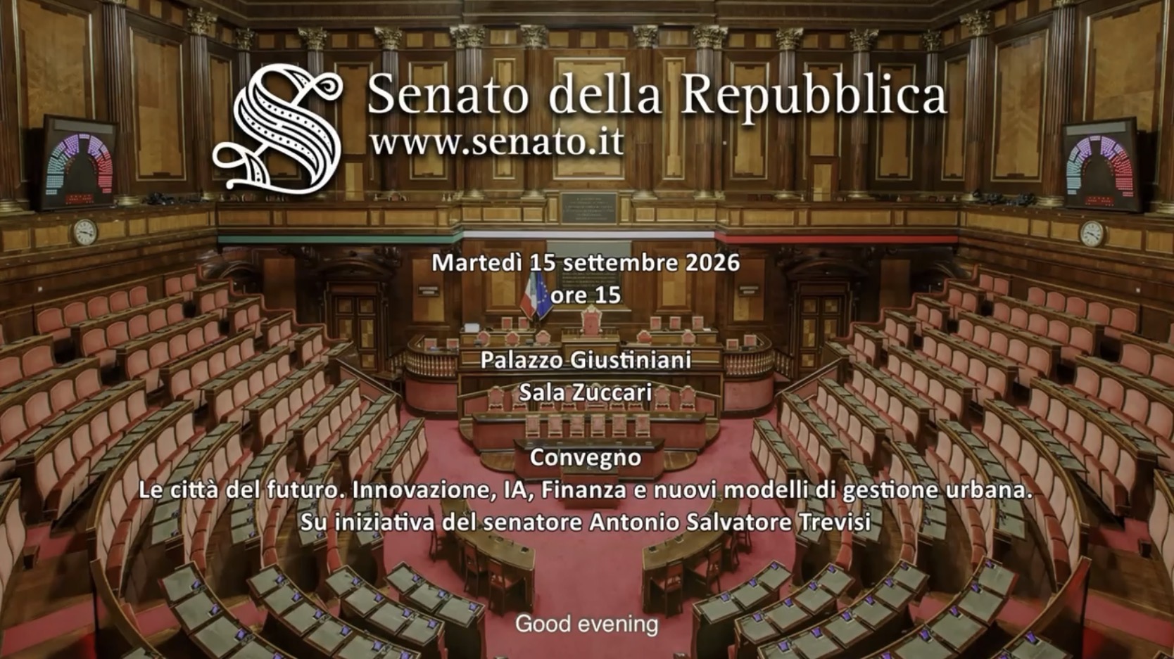 Senate event announcement naming Le città del futuro, Sala Zuccari and 15 September 2026 at 15:00