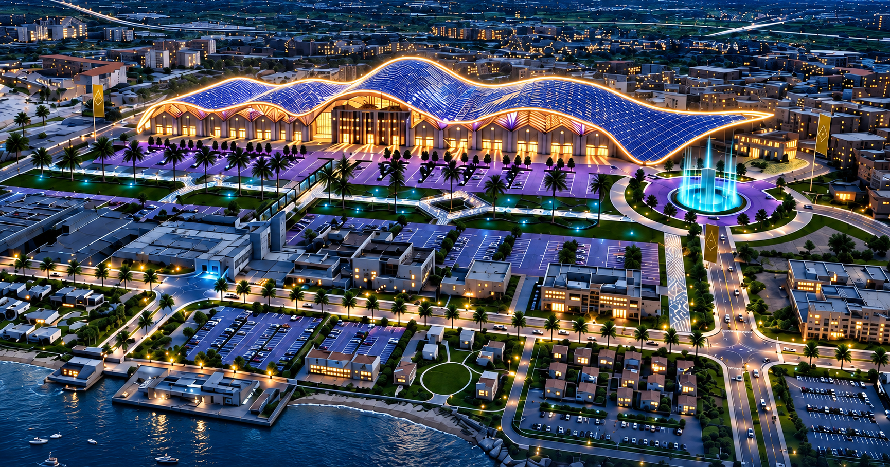 Panoramic architectural night view of the planned Augusto Innovation Hub campus in Milazzo
