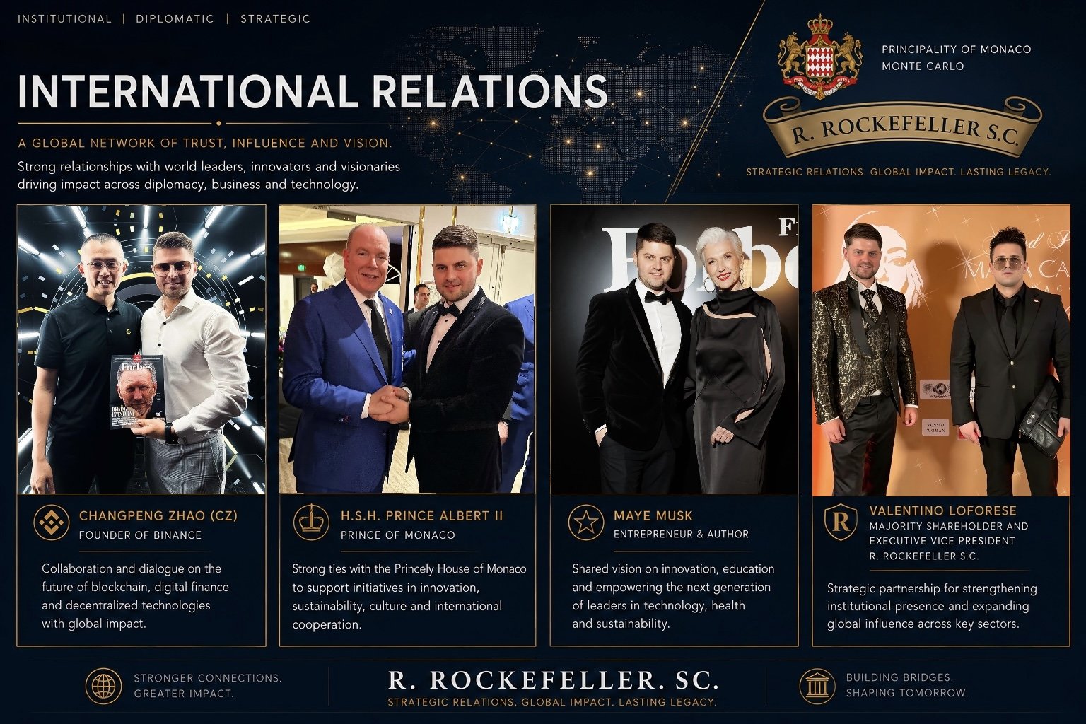 Original Monaco international relations presentation with Changpeng Zhao, H.S.H. Prince Albert II, Maye Musk and Valentino Loforese, preserving all captions